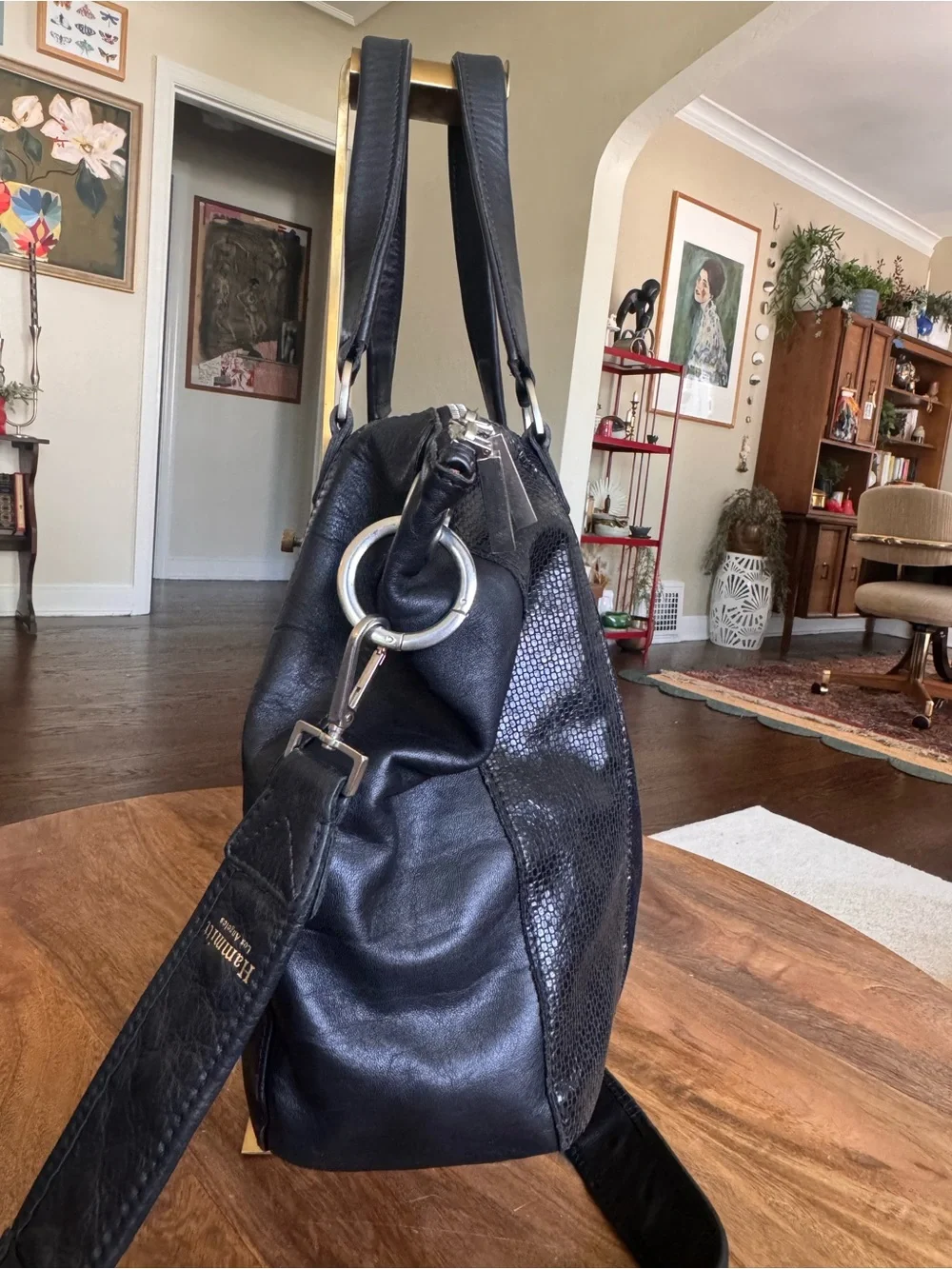 Hammitt Large Daniel Satchel Black Leather Suede Tote Studded Crossbody Silver